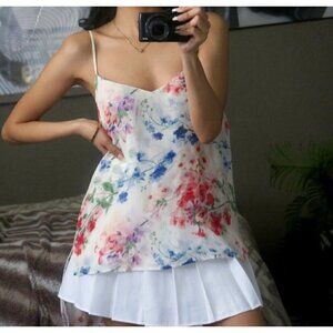 Theory Sz S 100% SILK Floral Print V Neck Tank Too Blouse High Low Hem Cami